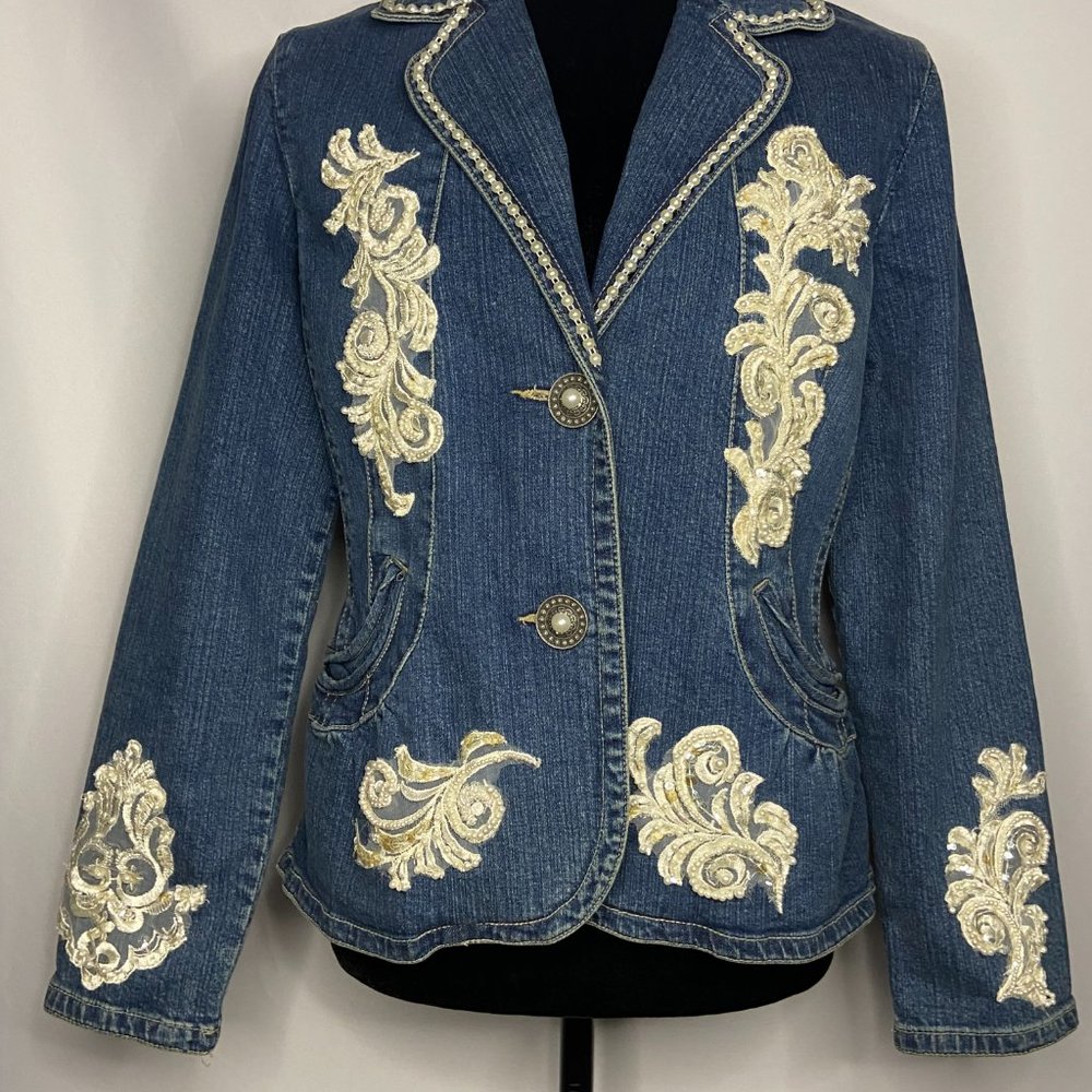 Upcycled Embellished Handstitched Bridal Vintage Lace Demin Jacket/Blazer S/M - Picture 14 of 14